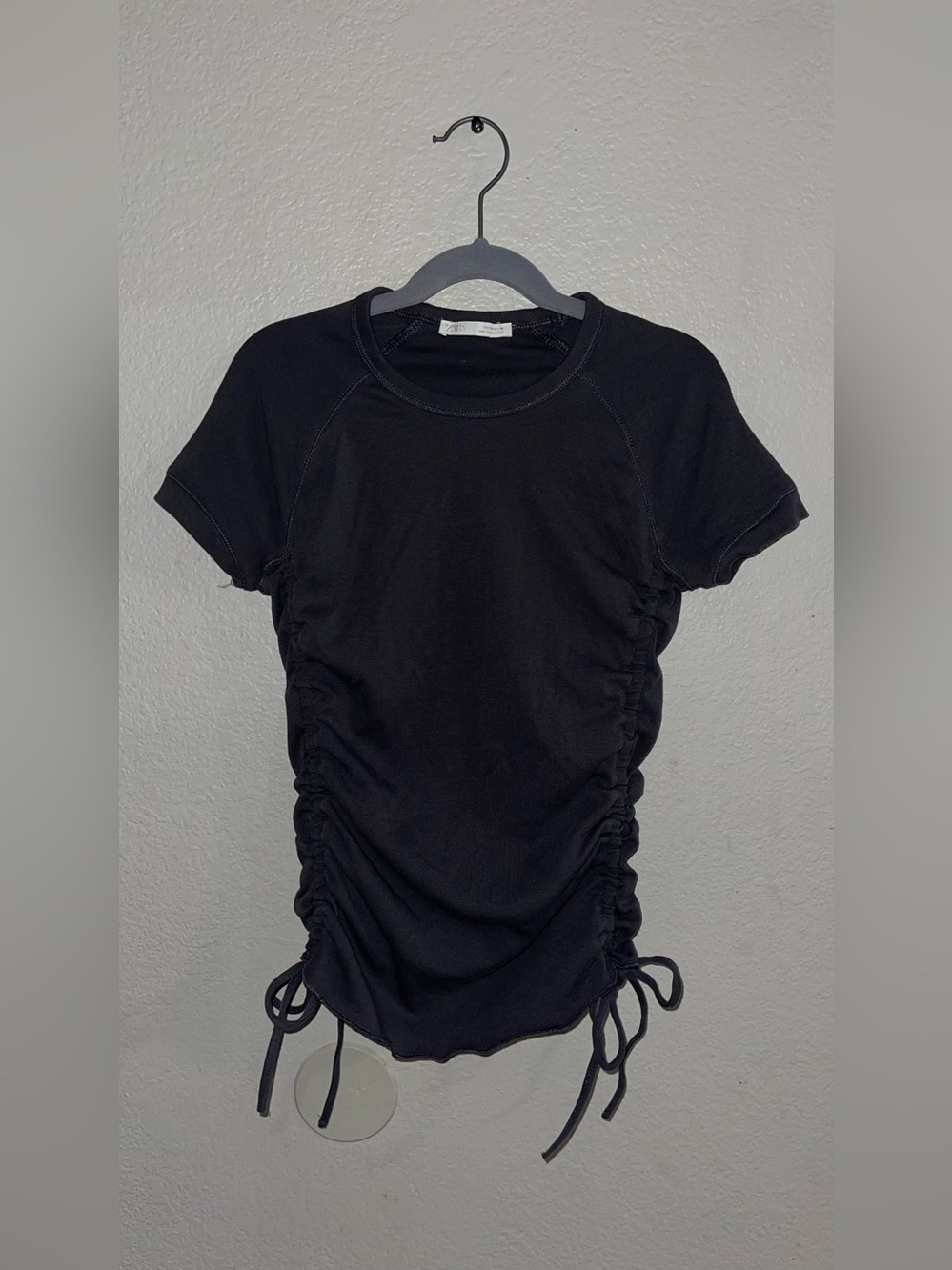 Zara Dark Gray Short Sleeve Ruched Side Tie Tee